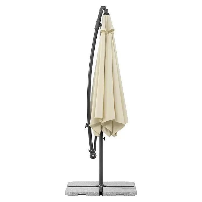 Schneider Classic Ampelschirm rund Venus - Natur, Durchmesser Bespannung: 300 cm - Beiger Ampelschirm, zusammengeklappt, mit dunklem Gestell und grauem Sockel.