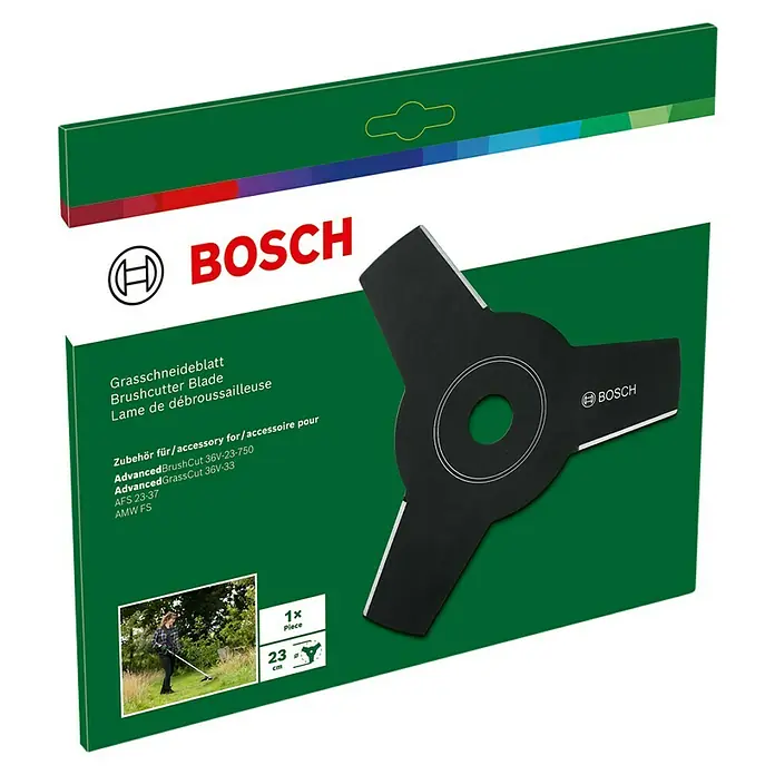 Ersatzmesser - Passend für: AdvancedBrushCut 36V-23-750, AdvancedGrassCut 36V-33, AFS 23-37 - Bild einer Bosch Grasschneideblatt-Verpackung. Das Produkt ist ein dreiblättriges Messer für Rasentrimmer und Freischneider von Bosch.