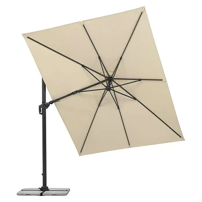 Schneider Classic Ampelschirm Rhodos Twist - Natur, Bespannungsmaß (L x B): 260 x 350 cm - Cremefarbener Ampelschirm, geöffnet mit dunklem Gestell und grauem Sockel.