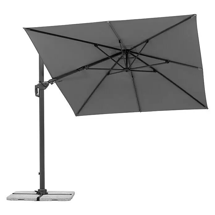 Schneider Classic Ampelschirm Rhodos Twist - Anthrazit, Bespannungsmaß (L x B): 260 x 350 cm - Großer grauer rechteckiger Ampelschirm mit dunkelgrauem Gestell und ineinandergreifenden grauen Bodenplatten.