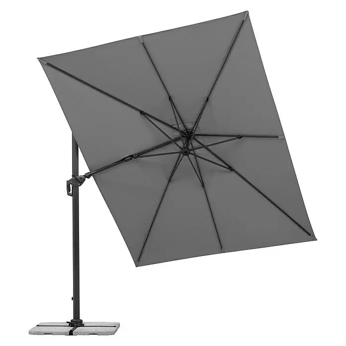 Schneider Classic Ampelschirm Rhodos Twist - Anthrazit, Bespannungsmaß (L x B): 260 x 350 cm - Grauer Ampelschirm von unten gesehen, mit Rahmen und Standfuß.