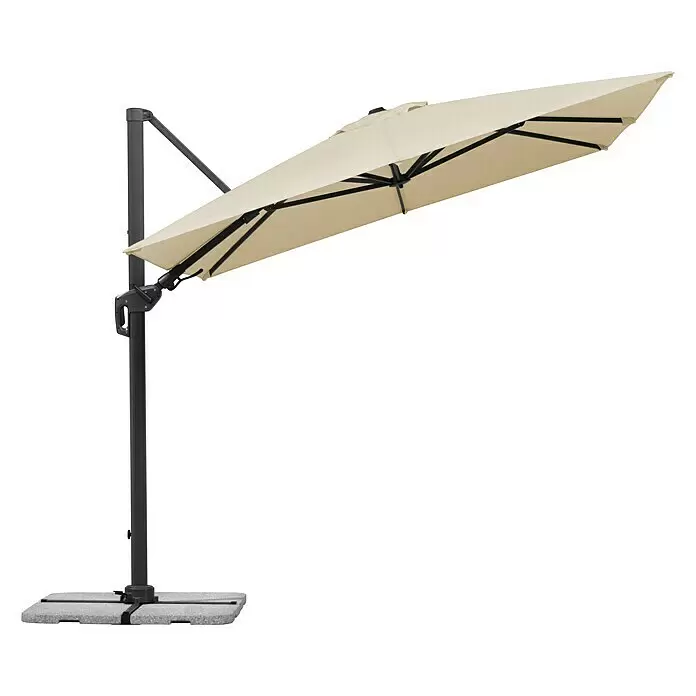 Schneider Classic Ampelschirm Rhodos Twist - Natur, Bespannungsmaß (L x B): 260 x 350 cm - Cremefarbener Ampelschirm mit dunkelgrauem Gestell und vierteiligem grauem Standfuß.