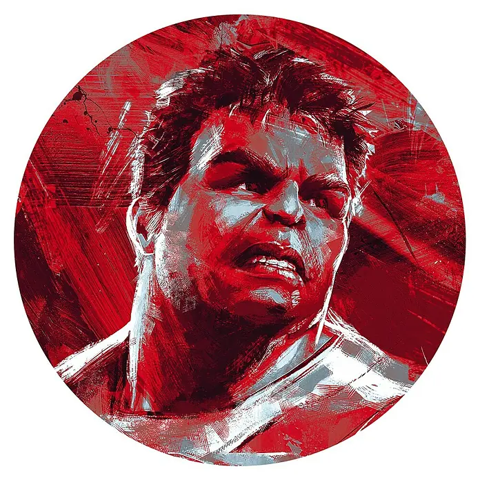 Komar Dots Fototapete rund Avengers Paint Hulk - 125 cm, Selbstklebend - Illustration des wütenden Hulk-Porträts in Rot und Grau, ein starker Blickfang für jeden Marvel-Fan.