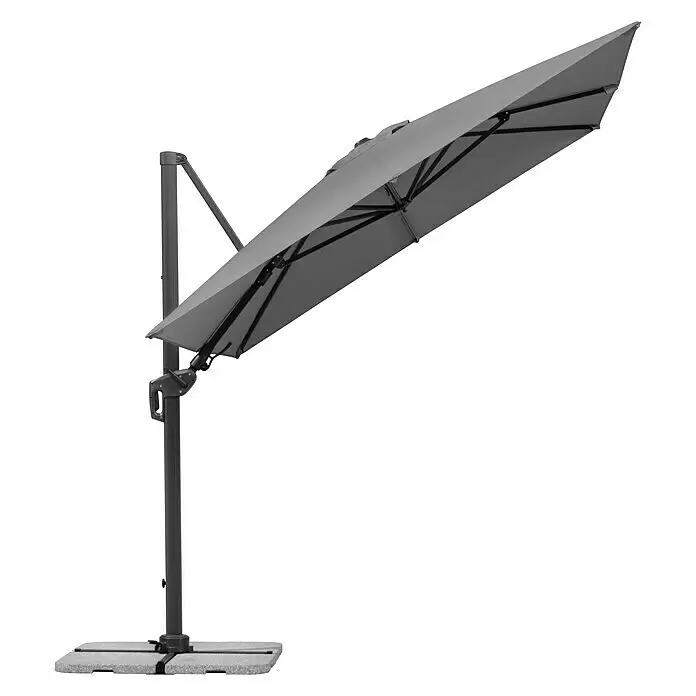 Schneider Classic Ampelschirm Rhodos Twist - Anthrazit, Bespannungsmaß (L x B): 260 x 350 cm - Grauer Ampelschirm mit dunklem Mast und Beschwerungsplatten, zur Beschattung angewinkelt.