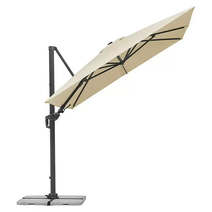 Schneider Classic Ampelschirm Rhodos Twist - Natur, Bespannungsmaß (L x B): 260 x 350 cm - Beigefarbener Freischirm mit dunkelgrauem Gestell und grauem Plattenfuß.