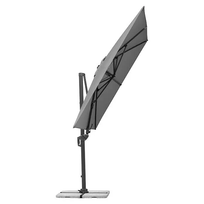 Schneider Classic Ampelschirm Rhodos Twist - Anthrazit, Bespannungsmaß (L x B): 260 x 350 cm - Grauer Ampelschirm mit dunkelgrauem Gestell und Sockel, bietet großen Schatten für den Außenbereich.