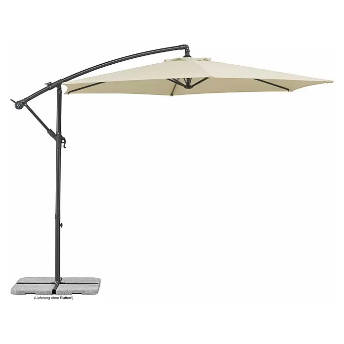 Schneider Classic Ampelschirm rund Venus - Natur, Durchmesser Bespannung: 300 cm - Beiger Ampelschirm mit dunkelgrauem Gestell und vier grauen Beschwerungsplatten.