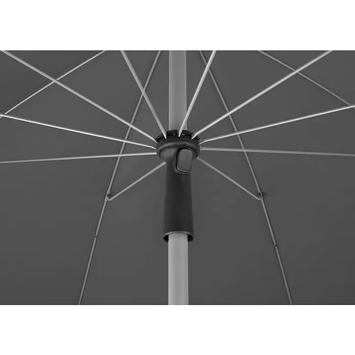 Schneider Classic Marktschirm rund Locarno - Anthrazit, Durchmesser Bespannung: 220 cm - Detailaufnahme eines grauen Sonnenschirms, der die Konstruktion und den Mechanismus hervorhebt. Perfekt für den Garten.