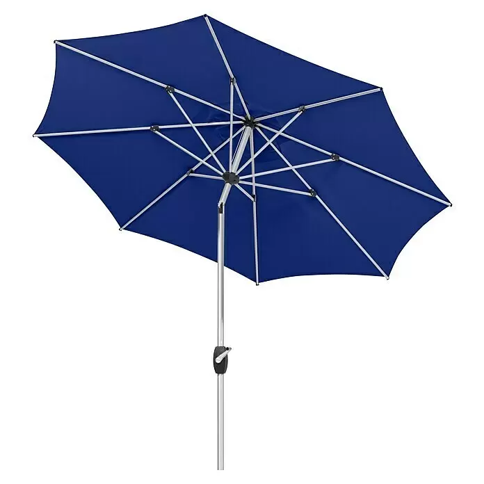 Schneider Classic Marktschirm rund Venedig - Blau, Durchmesser Bespannung: 270 cm - Offener blauer Sonnenschirm mit silbernem Gestell und schwarzem Verstellmechanismus.