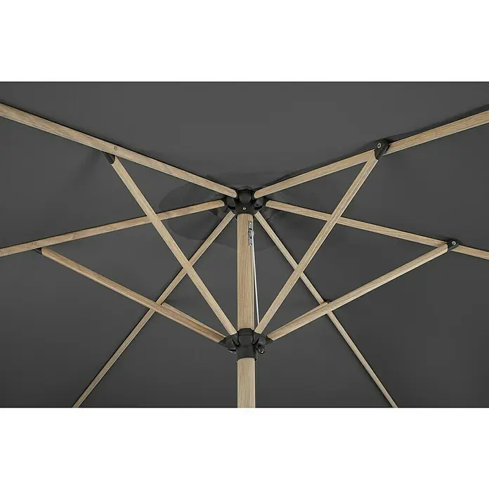 Schneider Classic Marktschirm rund Cordoba - Anthrazit, Durchmesser Bespannung: 270 cm - Detailansicht eines grauen Sonnenschirms mit hellem Holzgestell, das ein geometrisches Muster bildet. Die Konstruktion ist auf Stabilität ausgelegt.