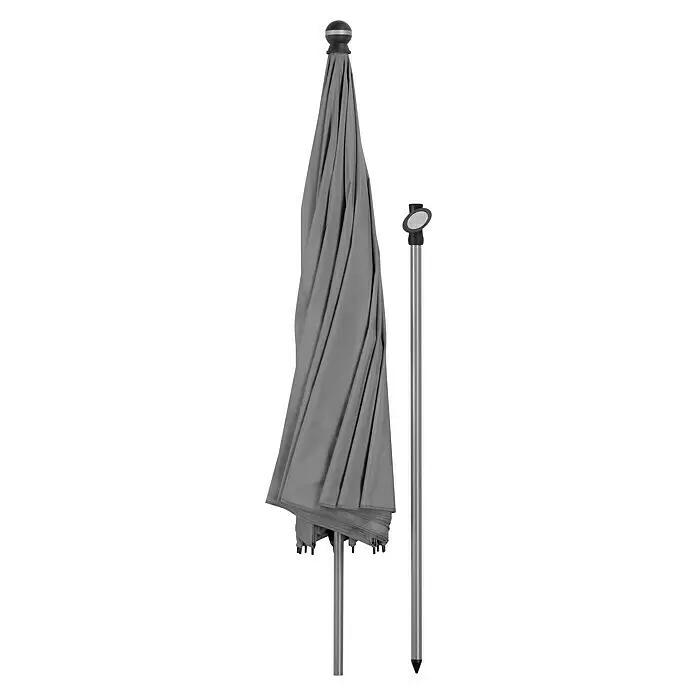 Schneider Classic Marktschirm rund Locarno - Anthrazit, Durchmesser Bespannung: 220 cm - Zusammengeklappter grauer Sonnenschirm mit schwarzer Spitze, daneben eine separate silbergraue Stange mit schwarzen Enden.