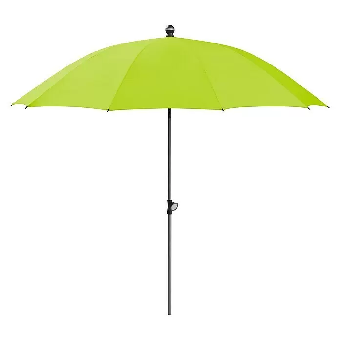 Schneider Classic Marktschirm rund Locarno - Apfelgrün, Durchmesser Bespannung: 220 cm - Ein großer, offener, lindgrüner Sonnenschirm mit silbernem Mast, für den Außeneinsatz.