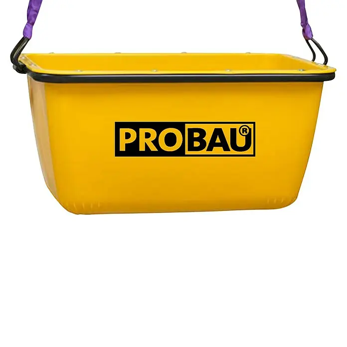 Probau FertigmörtelkübelFassungsvermögen: 200 l, Kranbar, 105 x 70 x 47 cm - Gelber PROBAU Mörtelkübel mit lila Trägern. Dieser robuste Kübel eignet sich ideal für Bauarbeiten und andere Aufgaben.