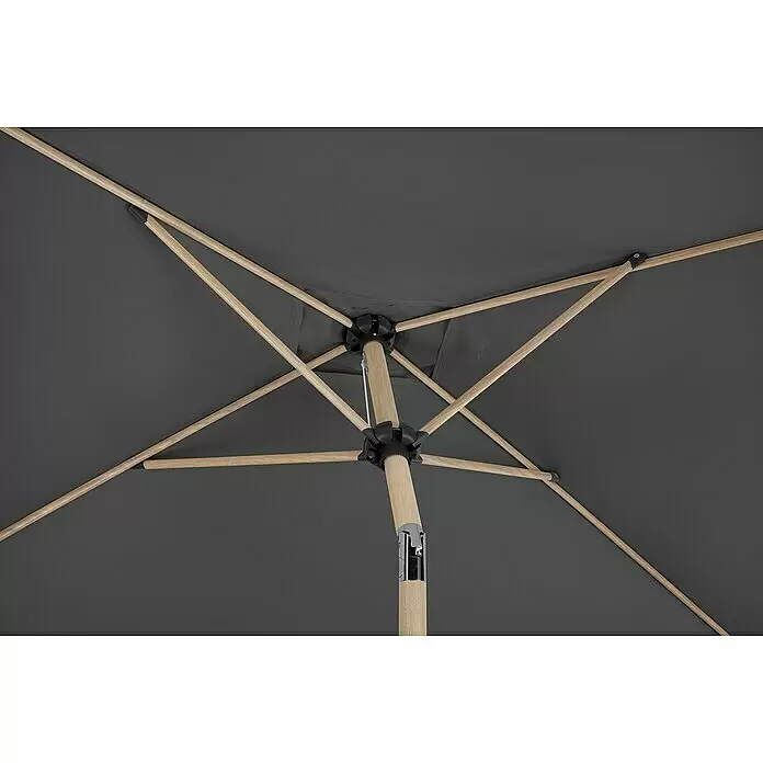 Schneider Classic Marktschirm Cordoba - Anthrazit, Bespannungsmaß (L x B): 230 x 150 cm - Innenseite eines dunkelgrauen Sonnenschirms mit hellen Holzstreben, Stange und schwarzen Kunststoffteilen.