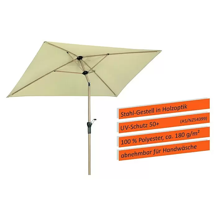 Schneider Classic Marktschirm Cordoba - Natur, Bespannungsmaß (L x B): 230 x 150 cm - Ein offener, quadratischer Sonnenschirm mit hellbeigem Schirmtuch und Gestell in Holzoptik.