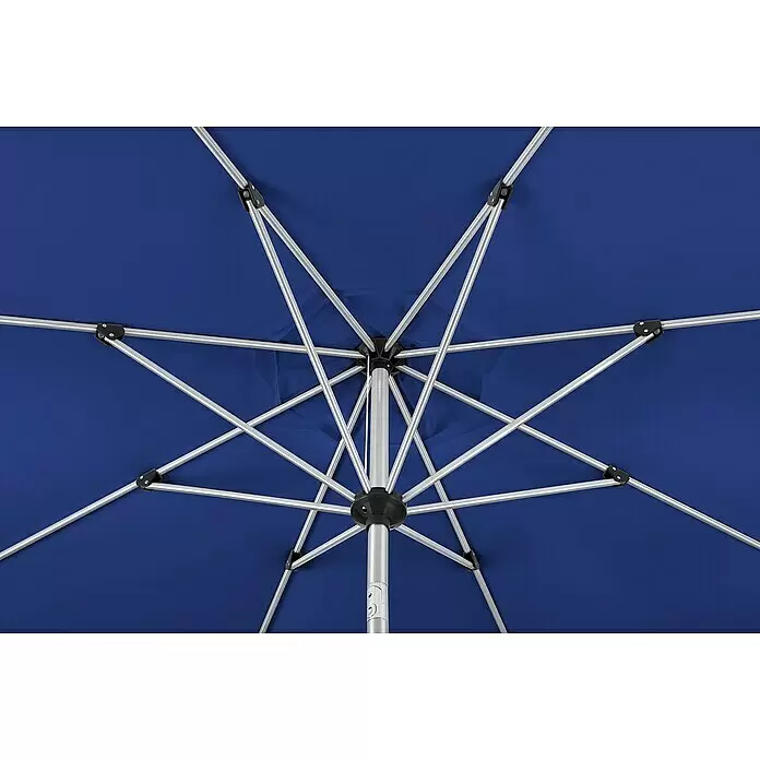 Schneider Classic Marktschirm rund Venedig - Blau, Durchmesser Bespannung: 270 cm - Unterseite eines blauen Sonnenschirms oder Pavillons mit silbernem Metallrahmen und schwarzen Stützverbindungen.