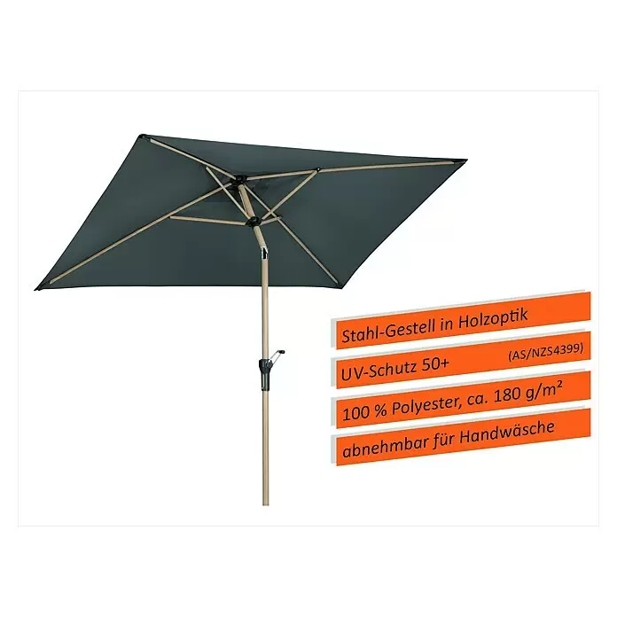Schneider Classic Marktschirm Cordoba - Anthrazit, Bespannungsmaß (L x B): 230 x 150 cm - Dunkelgrauer Sonnenschirm mit Stahlgestell in Holzoptik und UV 50+ Polyester-Schirm, abnehmbar für Handwäsche.
