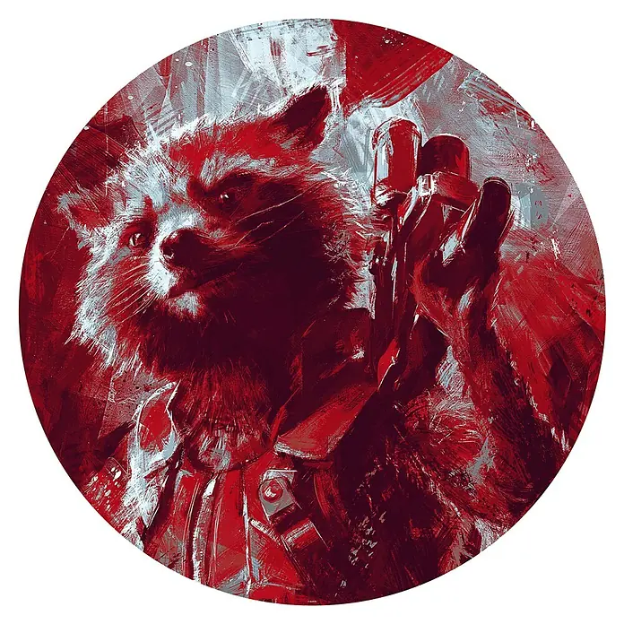 Komar Dots Fototapete rund Avengers Paint Rocket Raccoon - 125 cm, Selbstklebend - Aquarellbild von Rocket, dem Waschbären aus Guardians of the Galaxy, mit zwei roten Zylindern in der Hand, auf schwarzem Hintergrund.
