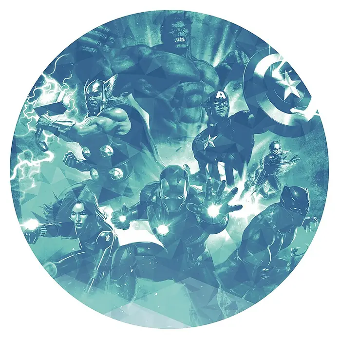 Komar Dots Fototapete rund Avengers Blue Power - 125 cm, Selbstklebend - Ein cooles Avengers-Design, das die Superhelden in einem stilvollen, blauen Polygon-Look zeigt. Perfekt für Fans der Marvel-Filme.