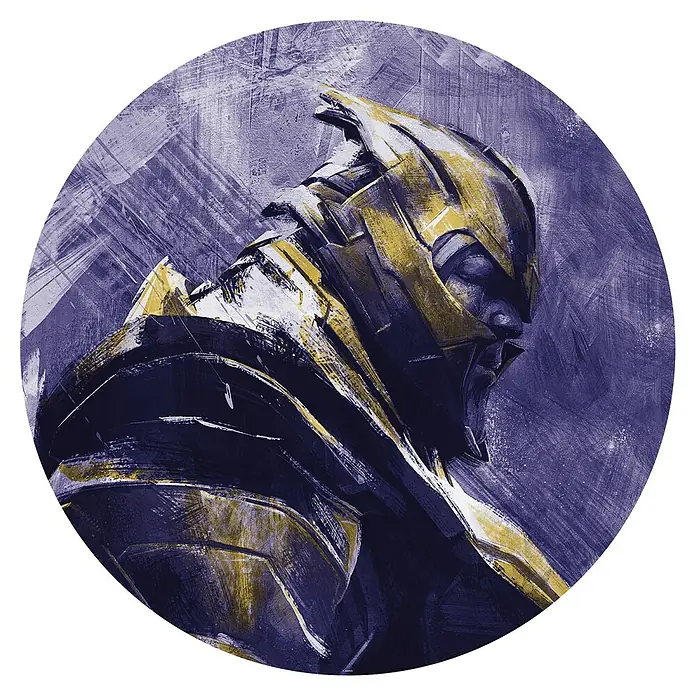 Komar Dots Fototapete rund Avengers Paint Thanos - 125 cm, Selbstklebend - Gemälde von Thanos in goldener Rüstung, dargestellt in dunklen Blau- und Gelbtönen, im modernen Kunststil.