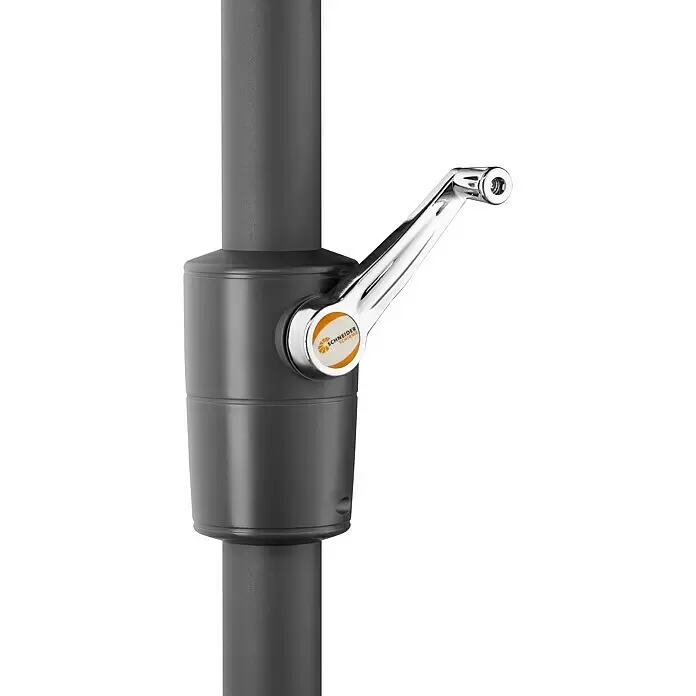 Schneider Classic Marktschirm rund Korsika - Silbergrau, Durchmesser Bespannung: 320 cm - Dunkelgraues Sonnenschirmgestell mit verchromter Kurbel und Schneider Schirme Logo.