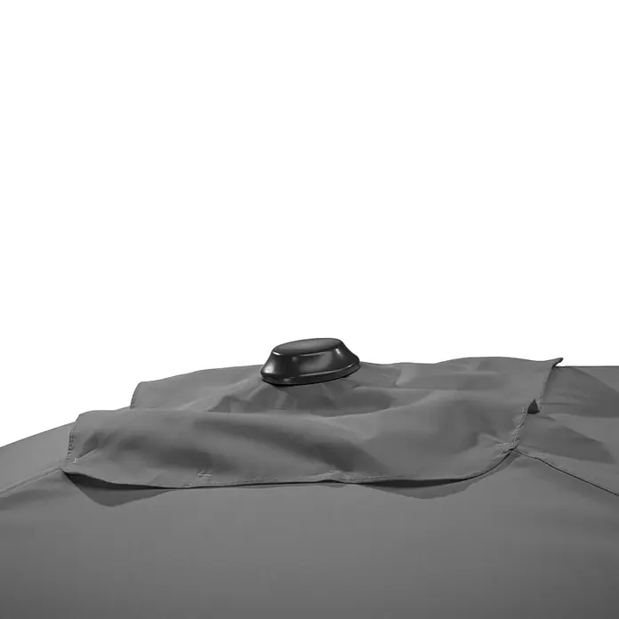 Schneider Classic Marktschirm Cordoba - Anthrazit, Bespannungsmaß (L x B): 230 x 150 cm - Nahaufnahme der Spitze eines grauen Outdoor-Sonnenschirms mit einer schwarzen Kappe.