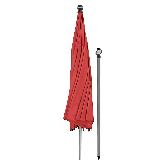 Schneider Classic Marktschirm rund Locarno - Rot, Durchmesser Bespannung: 220 cm - Roter, zusammengeklappter Sonnenschirm neben einem silbernen Pfosten mit schwarzer Spitze.