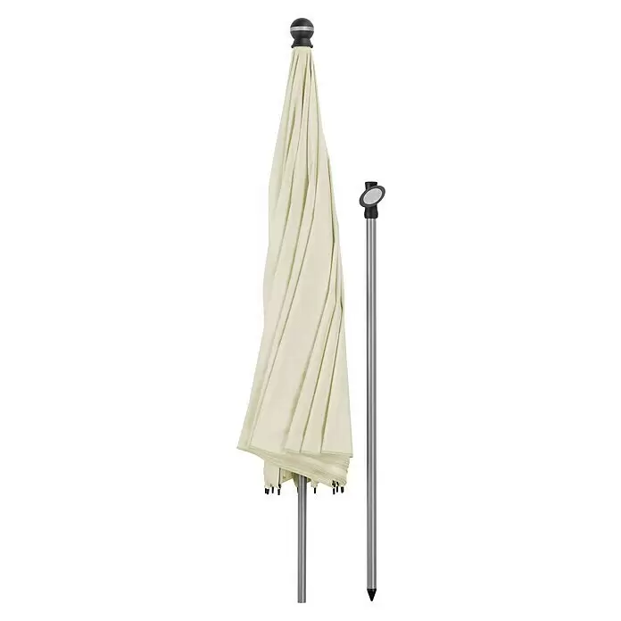 Schneider Classic Marktschirm rund Locarno - Natur, Durchmesser Bespannung: 220 cm - Geschlossener cremefarbener Sonnenschirm mit schwarzer Kappe, daneben eine separate silbergraue Stange mit schwarzer Spitze.