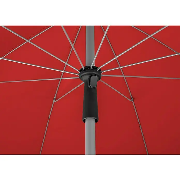 Schneider Classic Marktschirm rund Locarno - Rot, Durchmesser Bespannung: 220 cm - Nahaufnahme eines roten Sonnenschirms mit grauem Mast und schwarzer Mechanik zum Öffnen und Schließen.