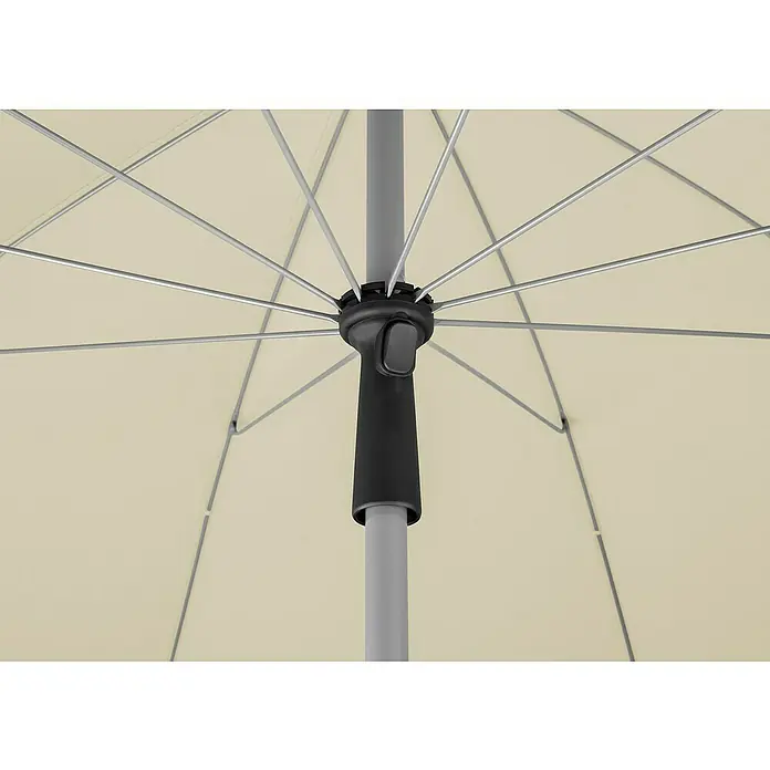 Schneider Classic Marktschirm rund Locarno - Natur, Durchmesser Bespannung: 220 cm - Detailansicht eines Sonnenschirms, der die Mechanik zum Öffnen und Schließen des Schirms zeigt. Metallstreben und ein stabiler Mast.