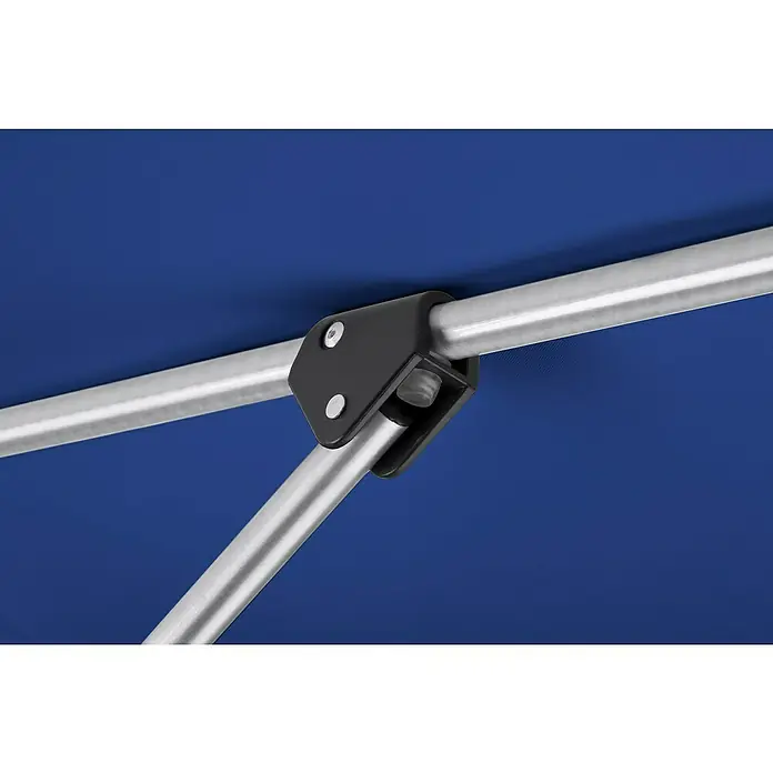 Schneider Classic Marktschirm rund Venedig - Blau, Durchmesser Bespannung: 270 cm - Nahaufnahme eines Baldachingelenks, das die strukturelle Verbindung von Metallstangen unter einer blauen Abdeckung zeigt.