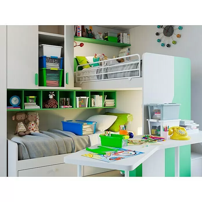 KIS Aufbewahrungsbox Bi-Box - L x B x H: 55 x 35 x 28 cm, Weiß, Mit Deckel - Helles Kinderzimmer mit weiß-grünem Etagenbett, integriertem Stauraum und Schreibtisch für kreative Aktivitäten.