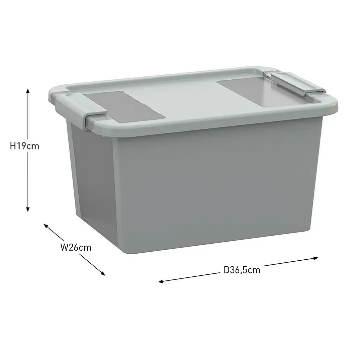 KIS Aufbewahrungsbox Bi-Box - L x B x H: 36,5 x 26 x 19 cm, Grau, Mit Deckel - Produktansicht einer grauen Aufbewahrungsbox mit Deckel und den Maßen H19cm, B26cm und T36,5cm.