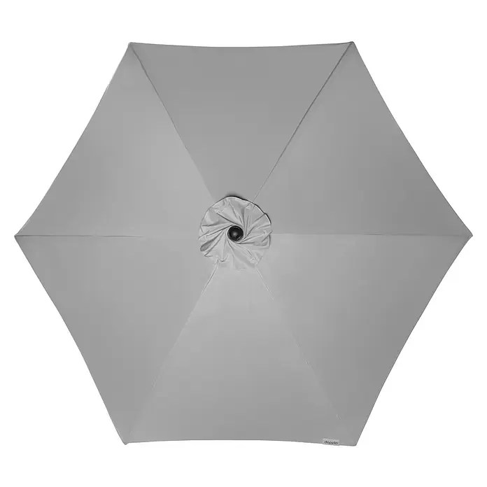 Doppler Active Marktschirm rund Auto Tilt - Hellgrau, Durchmesser Bespannung: 306 cm - Nahaufnahme eines grauen Doppler-Sonnenschirms von oben, der ein elegantes und schlichtes Design für den Außenbereich zeigt.