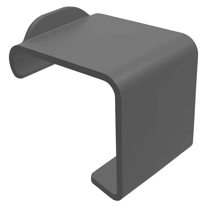 Rotho Clips - Passend für: Rotho Clear Boxen 50 & 140 l, 2 Stk. - Nahaufnahme eines modernen, grauen Hockers mit abgerundeten Kanten und einer minimalistischen Form auf schwarzem Hintergrund.