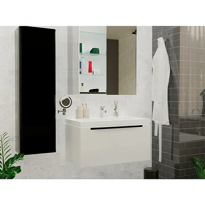 Hansgrohe MySport Grifo de lavabo M - Cromo, Brillante - Baño con armario negro y mueble de lavabo en blanco. Un espejo con estante completa el conjunto.