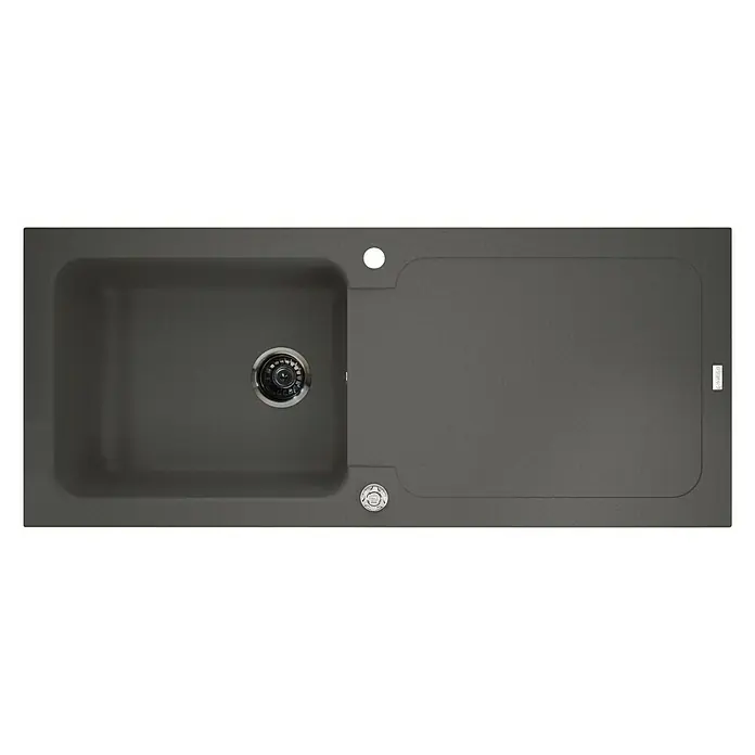 Carea Einbauspüle Botia - 118 x 50 cm, Betongrau, Material Spüle: CAREAlith® - Detailaufnahme einer grauen Küchenspüle mit Abtropffläche, ideal für moderne Küchen. Elegantes Design mit praktischer Funktionalität.