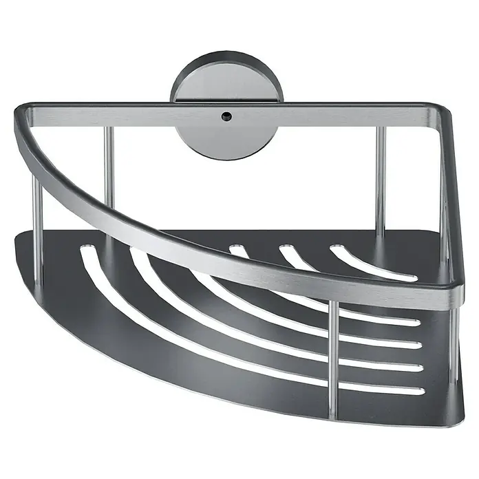 Camargue Paris Eckduschkorb Typ 2 - 22 x 22 x 7,5 cm, Edelstahl, Gebürstet - Eckregal für die Dusche. Die Ablage ist aus gebürstetem Aluminium mit Entwässerungsschlitzen und einer Reling.