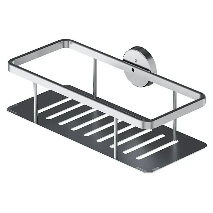 Camargue Paris Cesta de baño Tipo 2 - 12 x 28 x 7,5 cm, Acero inoxidable, Acero inoxidable - Esta imagen muestra una elegante estantería de ducha rectangular hecha de metal pulido, ideal para guardar los elementos esenciales de la ducha.