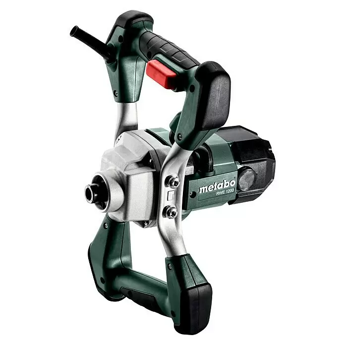 Metabo Rührwerk RWE 1200 - Mischvolumen: 30 l, Durchmesser Rührer: 120 mm - Metabo RWE 1200 Farb- und Mörtelmischgerät, grün-schwarz, mit silbernem Rahmen und zwei Griffen.