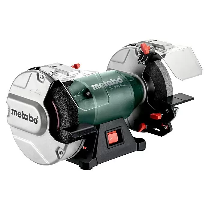 Metabo Elektro-Doppelschleifer DS 200 Plus - 600 W, 2.980 U/min - Metabo DS 200 Plus Doppelschleifbock mit grünem Motor, silbernen Schutzvorrichtungen, Schleifstein und Drahtbürstenscheibe.