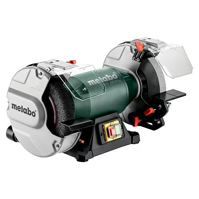 Metabo Elektro-Doppelschleifer DSD 200 Plus - 750 W, 2.980 U/min - Metabo SD 200 Plus Doppelschleifmaschine mit grauem Gehäuse, grünem Motor, Klarsichtschutz und Schleif-/Drahtbürstenscheibe.