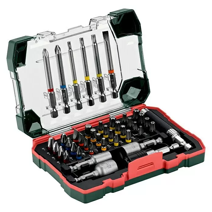 Metabo Bit-Box - 43 -tlg. - Ein offenes Schraubendreher-Bit-Set in grün-rotem Koffer mit Klarsichtdeckel, enthält Metall-Bits (Phillips, Torx, Sechskant) und Stecknüsse.