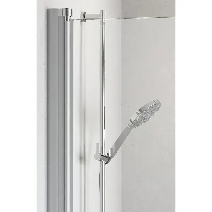 Camargue Vario Runddusche S10 - Links x Rechts x Höhe: 90 x 90 x 195 cm, Beschichtet, Silber - Detailaufnahme einer Duschkabine mit Handbrause und verstellbarer Stange, ideal für moderne Badezimmer. Elegantes Chromdesign.