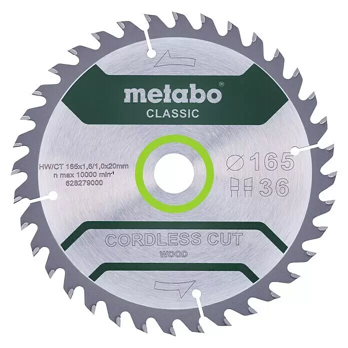 Metabo Kreissägeblatt - 165 mm, Bohrung: 20 mm, 36 Stk. - Metabo Classic Kreissägeblatt für Holz, 165mm, 36 Zähne, silber mit grünen und limettengrünen Akzenten.