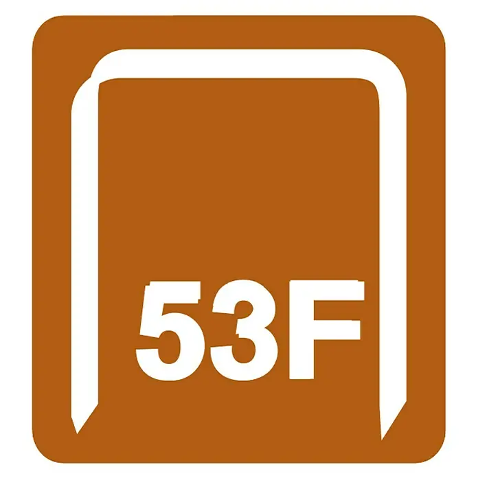 Rapid Heftklammer 53F/6 - Klammertiefe: 6 mm, Stahl, 970 Stk., Breite: 1,3 mm - Abbildung eines braunen Symbols mit der weißen Aufschrift "53F", das ein weißes U-förmiges Heftsymbol umgibt.