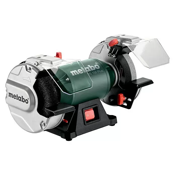Metabo Elektro-Doppelschleifer DS 150 Plus - 400 W, 2.980 U/min - Metabo DS 150 Plus Doppelschleifmaschine mit grünem Motor, silbernen Abdeckungen, Schleifstein und Drahtbürste.