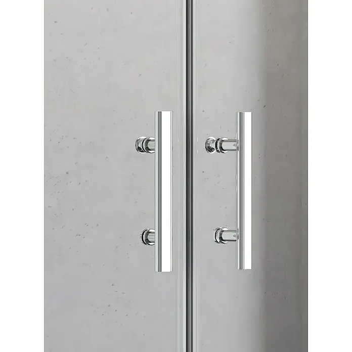 Camargue Vario Runddusche S10 - Links x Rechts x Höhe: 90 x 90 x 195 cm, Beschichtet, Silber - Nahaufnahme von zwei verchromten Duschkabinentürgriffen an einer Duschkabine mit getöntem Glas.