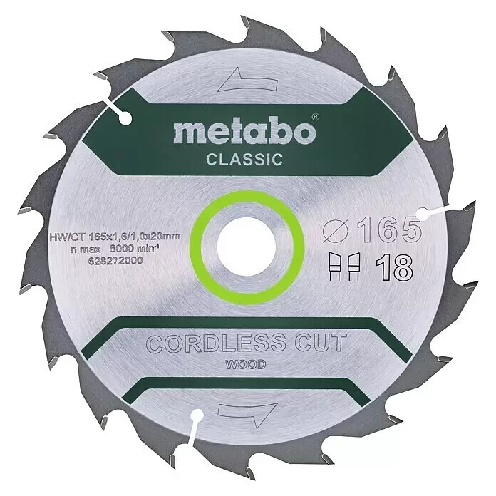 Metabo Kreissägeblatt - 165 mm, Bohrung: 20 mm, 18 Stk. - Metabo Classic Kreissägeblatt, silber mit grünen Akzenten, 165mm Durchmesser, 18 Zähne, für kabelloses Holzsägen.