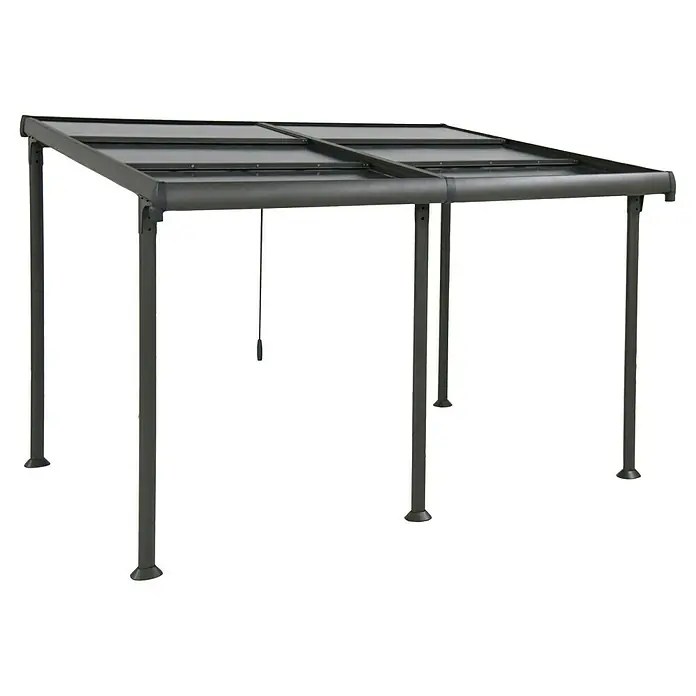Sunfun Anstellpavillon Sera Cabrio - B x T: 400 x 300 cm, Farbe Gestell: Anthrazit, Aluminium - Das Bild zeigt eine moderne Terrassenüberdachung mit dunklem Rahmen und transparenten Paneelen auf schwarzem Hintergrund. Ideal für den Garten.